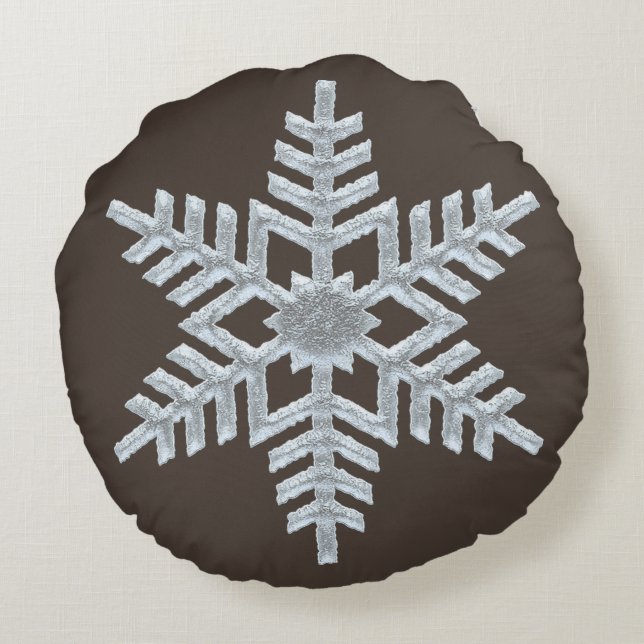 Frozen Snowflake Woodland Brown Nature Christmas Round Pillow (Back)