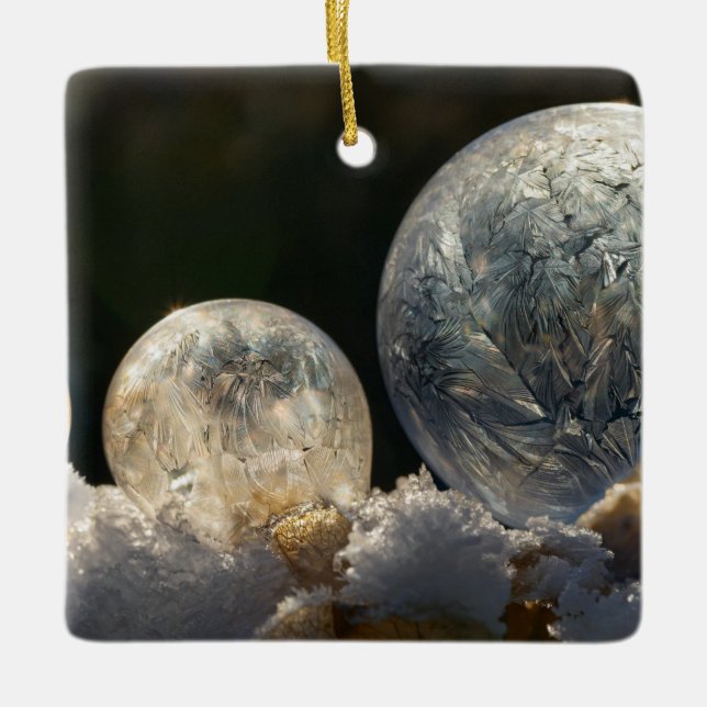 Frozen Soap Bubbles Ice Crystal Cool Winter Photo Ceramic Ornament (Front)