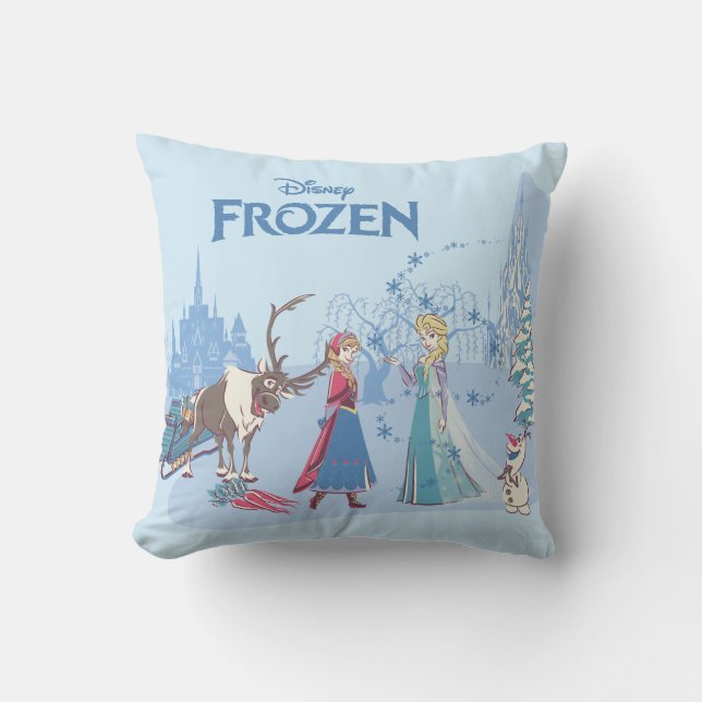 Frozen | Sven, Anna, Elsa & Olaf Blue Pastels Throw Pillow (Front)