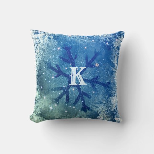 Frozen Watercolor Snowflake  Monogram Throw Pillow