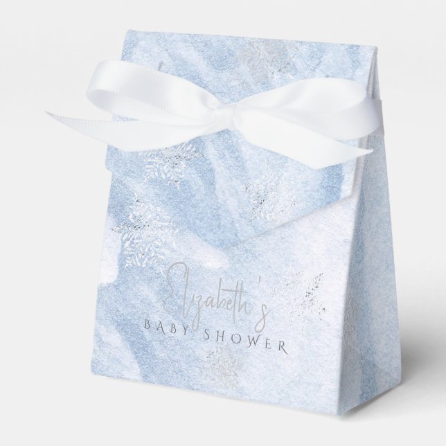 Frozen Winter Silver Snowflake Blue Baby Shower Favor Boxes (Front Side)