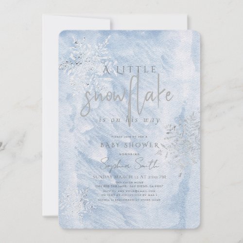 Frozen Winter Silver Snowflake Boy Baby Shower Invitation