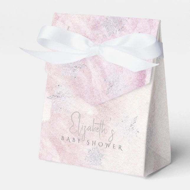 Frozen Winter Silver Snowflake Pink Baby Shower Favor Boxes (Front Side)
