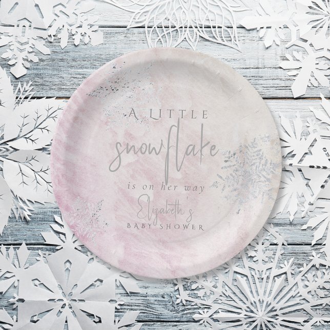 Frozen Winter Silver Snowflake Pink Baby Shower Paper Plates (Creator Uploaded)