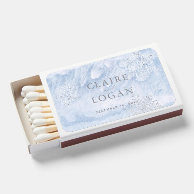 Frozen Winter Silver Snowflakes Wedding Matchboxes (Front Open)