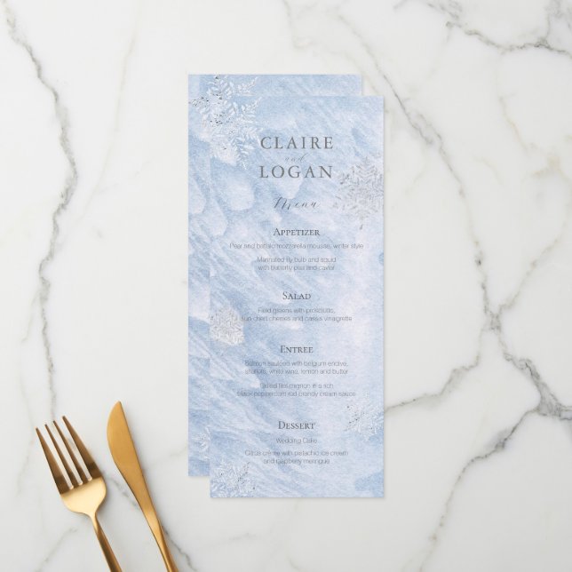 Frozen Winter Silver Snowflakes Wedding Menu (Front/Back In Situ)