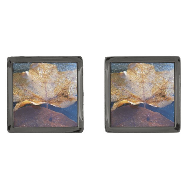 Frozen Yellow Maple Leaf Autumn Nature Cufflinks (Front)
