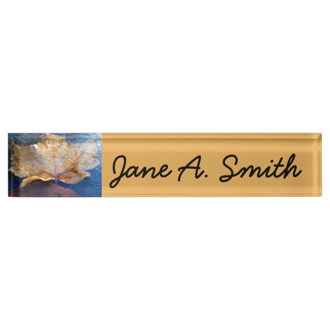 Frozen Yellow Maple Leaf Autumn Nature Desk Name Plate (Front)