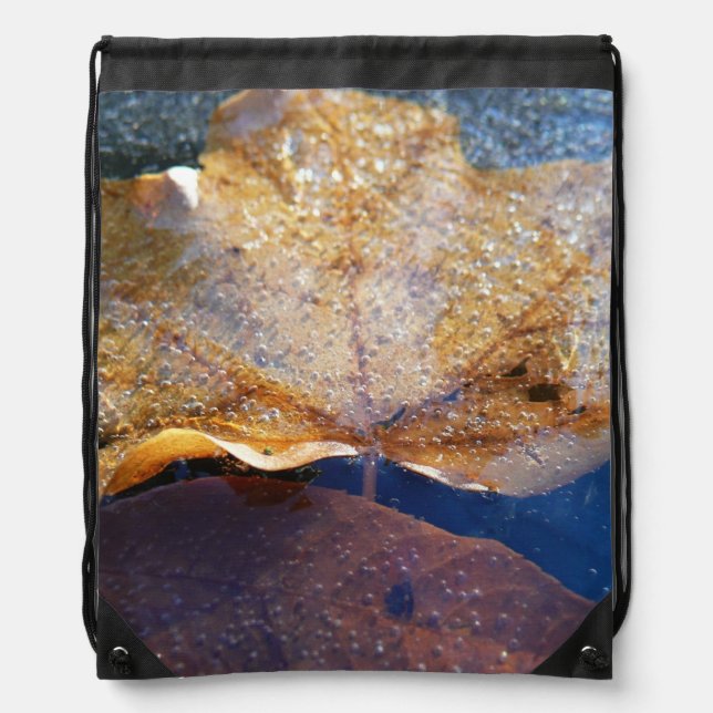 Frozen Yellow Maple Leaf Autumn Nature Drawstring Bag (Front)
