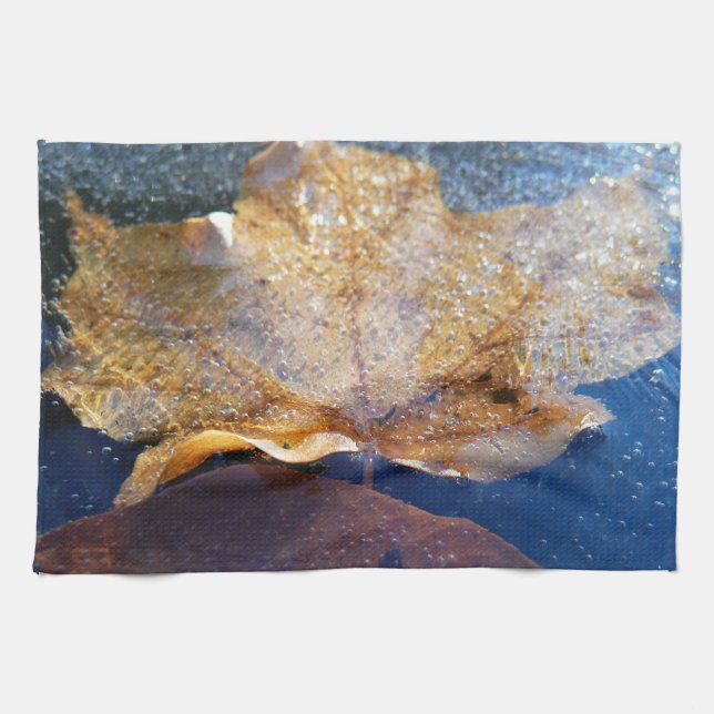 Frozen Yellow Maple Leaf Autumn Nature Kitchen Towel (Horizontal)