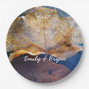Frozen Yellow Maple Leaf Autumn Nature Paper Plates