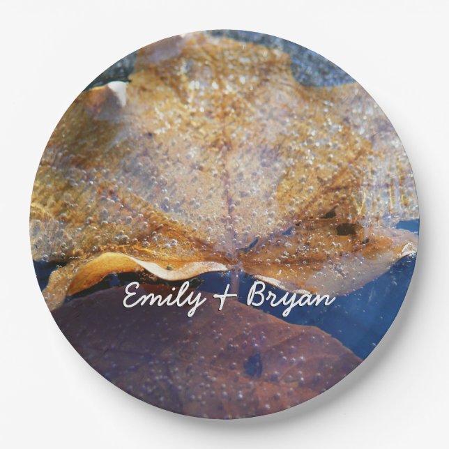 Frozen Yellow Maple Leaf Autumn Nature Paper Plates (Front)