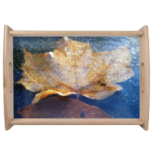 Frozen Yellow Maple Leaf Autumn Nature Serving Tray
