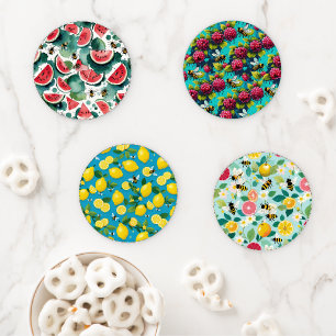 Fruit And Bees Watermelon Citrus Lemons Rasberries Coaster Set