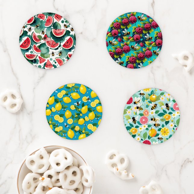 Fruit And Bees Watermelon Citrus Lemons Rasberries Coaster Set (In Situ)