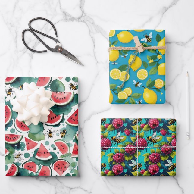 Fruit And Bees Watermelon Lemons & Rasberries Wrapping Paper Sheets (Front)