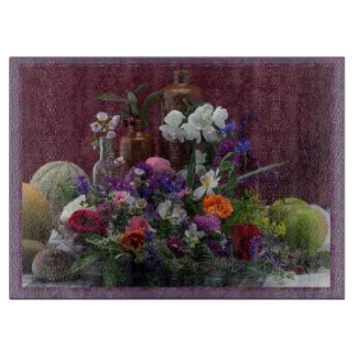 Fruit and Flowers Still Life Glass Cutting Board