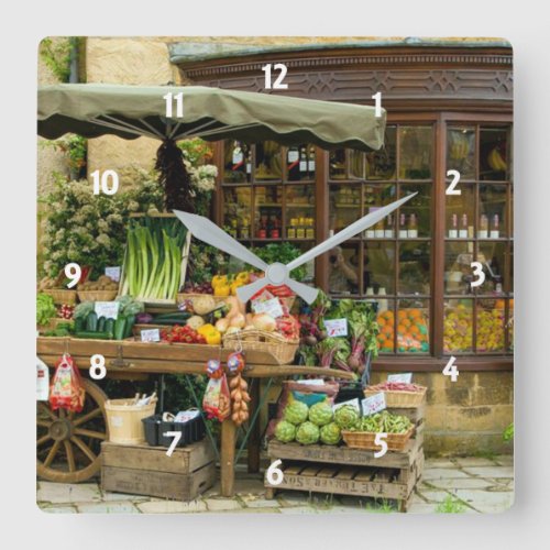 Fruit and Veg Colorful English Village Store Square Wall Clock