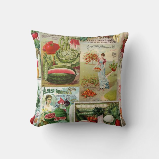 Fruit and Veggies Seed Catalog Collage Throw Pillow (Front)