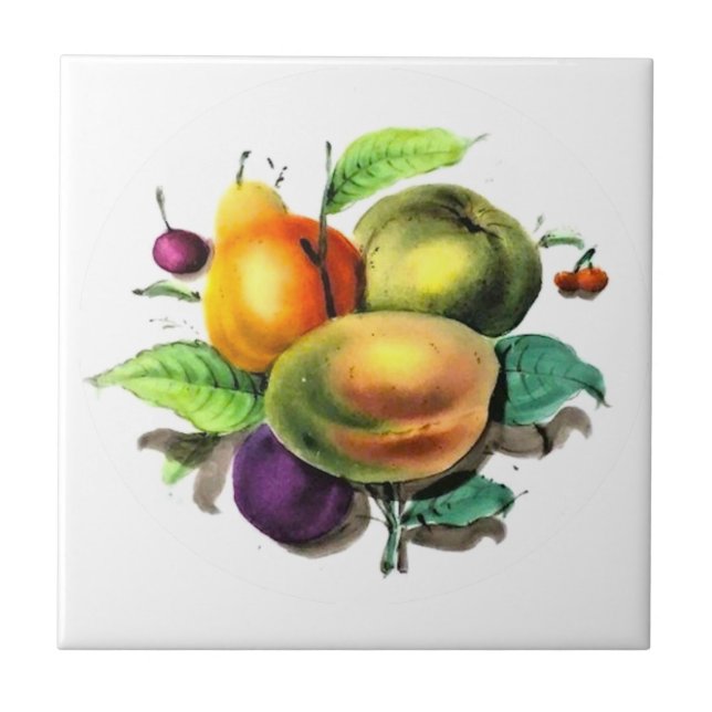 Fruit Art Pear, Green Apple, Plum Backsplash Ceramic Tile (Front)