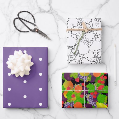 Fruit Assortment and Purple Wrapping Paper Sheets