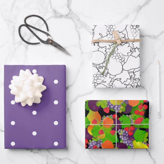 Fruit Assortment and Purple Wrapping Paper Sheets (Front)