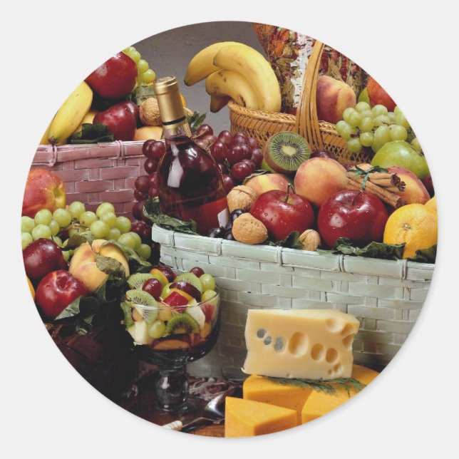 Fruit baskets, mixed fruit and cheeses classic round sticker (Front)