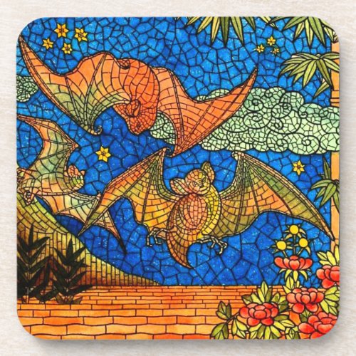 Fruit bat vintage Stained glass look mosaic Beverage Coaster