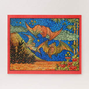 Fruit bat vintage Stained glass look mosaic Jigsaw Puzzle