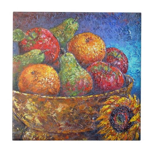 Fruit Bowl with Flower Still Life Painting Ceramic Tile