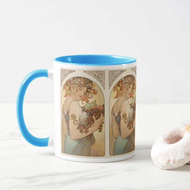 Fruit by Alphonse Mucha, Vintage Art Nouveau Mug (With Donut)
