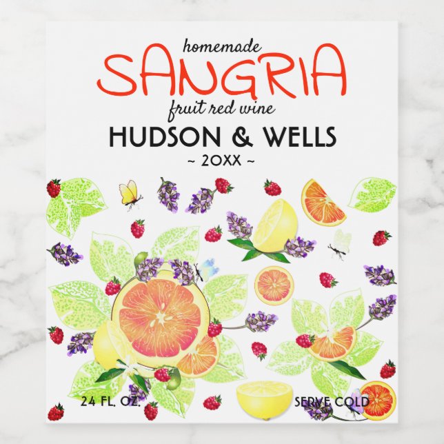 Fruit Citrus Grapefruit Lemon Sangria Wedding Wine Label (Single Label)