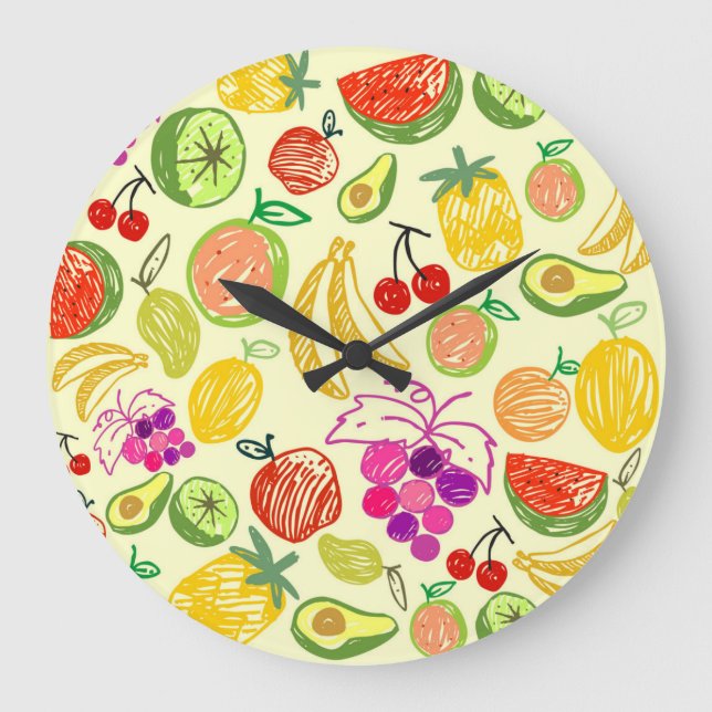 Fruit Doodle Pattern Large Clock (Front)
