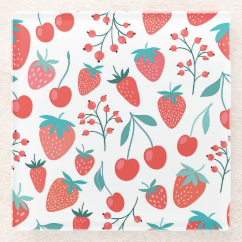 Fruit doodle strawberries cherries pattern glass coaster