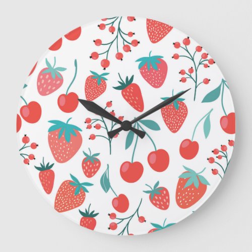 Fruit doodle strawberries cherries pattern large clock