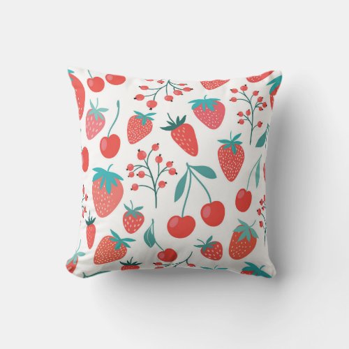Fruit doodle strawberries cherries pattern throw pillow