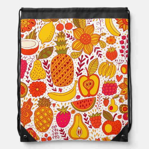 Fruit Doodles Summer Vintage Pattern Drawstring Bag