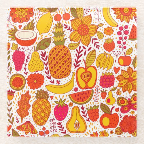 Fruit Doodles Summer Vintage Pattern Glass Coaster