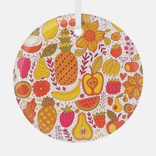 Fruit Doodles Summer Vintage Pattern Glass Ornament