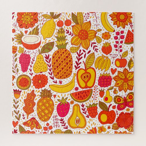 Fruit Doodles Summer Vintage Pattern Jigsaw Puzzle