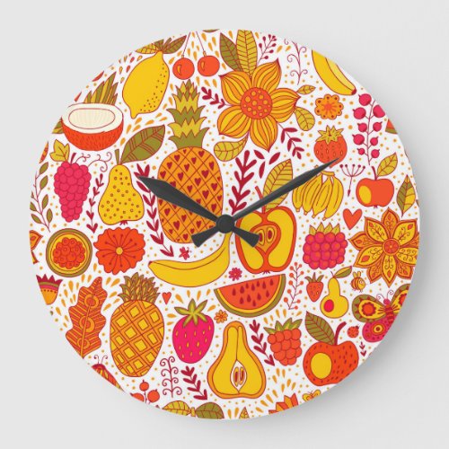 Fruit Doodles Summer Vintage Pattern Large Clock