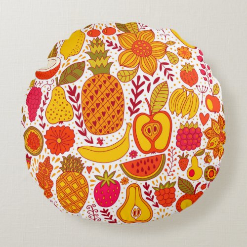 Fruit Doodles Summer Vintage Pattern Round Pillow