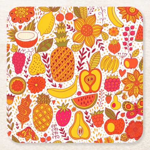 Fruit Doodles Summer Vintage Pattern Square Paper Coaster