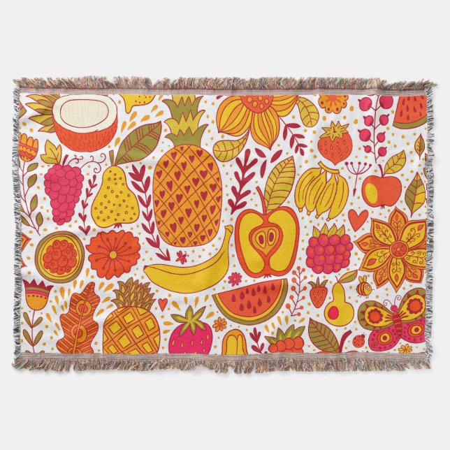 Fruit Doodles: Summer Vintage Pattern. Throw Blanket (Front)