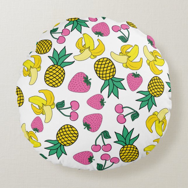 Fruit Fiesta: Bananas, Pineapples, Strawberries Round Pillow (Front)