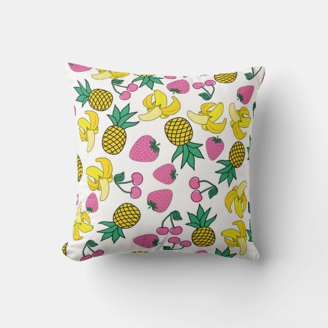 Fruit Fiesta: Bananas, Pineapples, Strawberries Throw Pillow (Front)