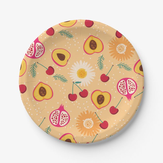 fruit floral cherry pomegranate peach daisy paper plates (Front)
