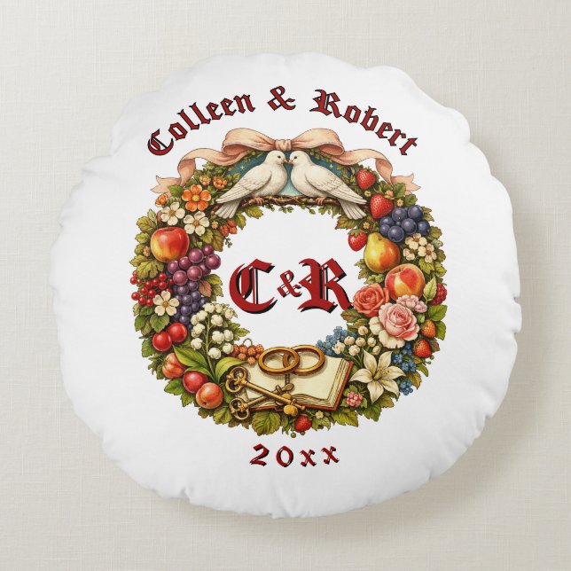 Fruit & Floral Wedding Wreath Round Pillow (Front)