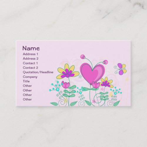 Cute Retro Hearts Flowers Butterflies Business Card Template