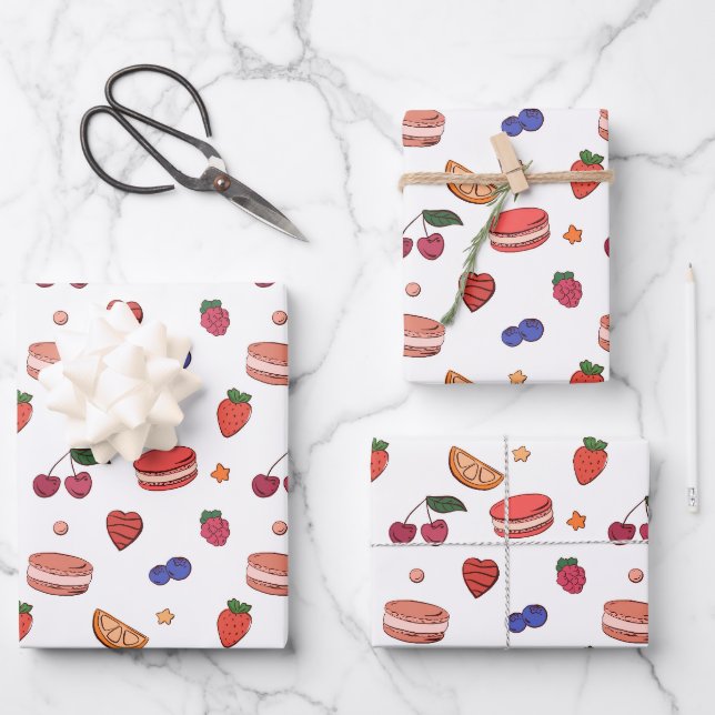 Fruit & French Macaron Pattern Wrapping Paper Sheets (Front)